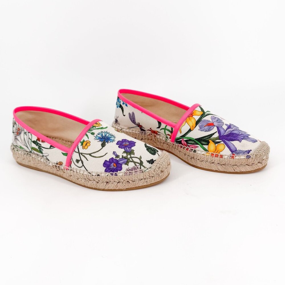 Gucci Flora Floral Canvas Espadrille Slip-On Flats White Size 37 US 7 Women’s